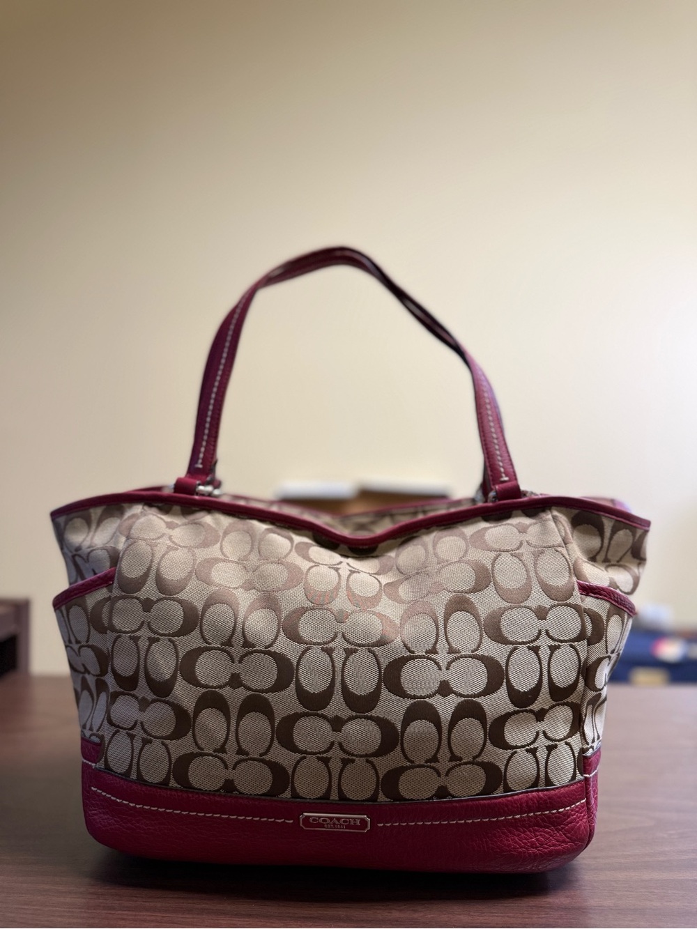 Coach Park Signature Carrie Tote Bag Red Leather Trim F23297